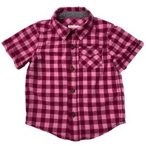 Cat & Jack Boys 12M Button Up Shirt Pink Magenta Gingham Checkered Short Sleeve